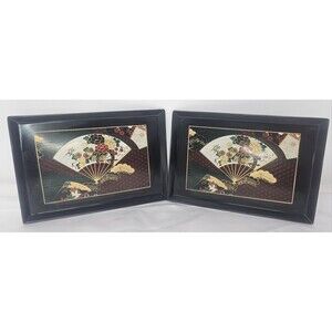 Vintage Otagiri Japanese Lacquerware Serving Trinket Tray Fans Floral Motif Set